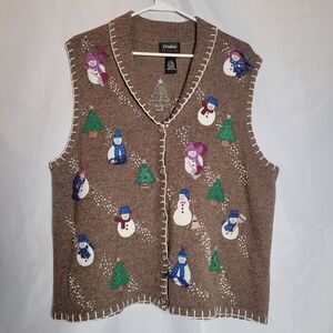 Women's Wool Blend Winter Snowmen Embroidered Beaded Sweater Vest Size XL Xmas